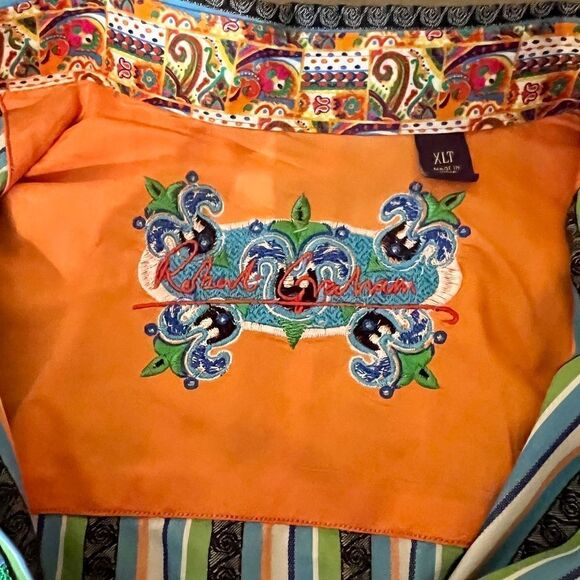 EEUC Men's Robert Graham Striped‎ Shirt Contrasting Cuff Lining Size XLT XL Tall - Picture 7 of 8